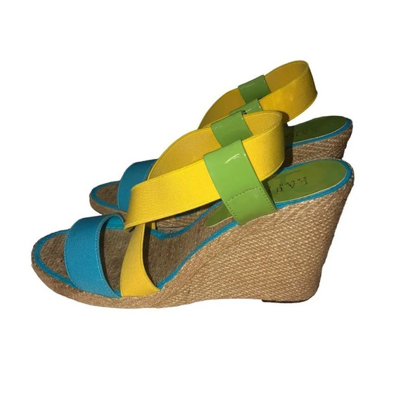 Lauren Ralph Lauren Sz 9 Womens Lemon Turq. Green Strappy Elastic Wedge Sandals - Picture 3 of 8